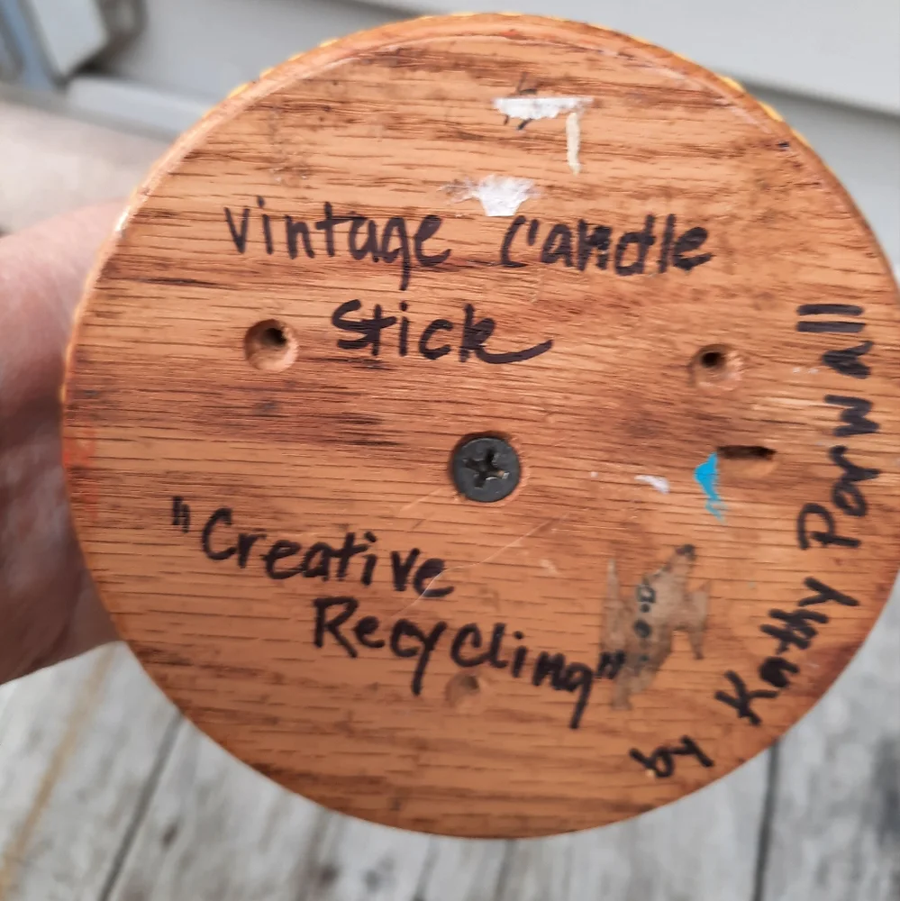 ONE handpainted vtg wood candle holder dot art upcycled